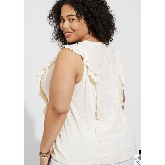 Torrid Cream Cotton Tank Ruffle Sleeve Embroidery Front Plus Size 1X Crew Neck - Picture 3 of 14